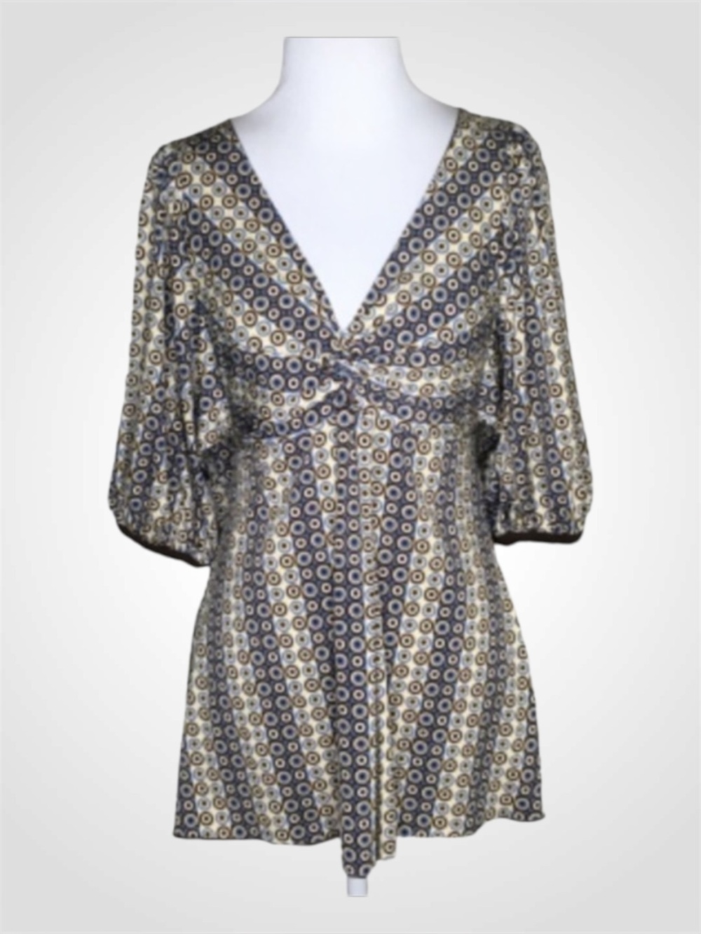 Max Edition Brown & Tan Geometric Print Poof Sleeve V Neck 1/2 Sleeves Blouse